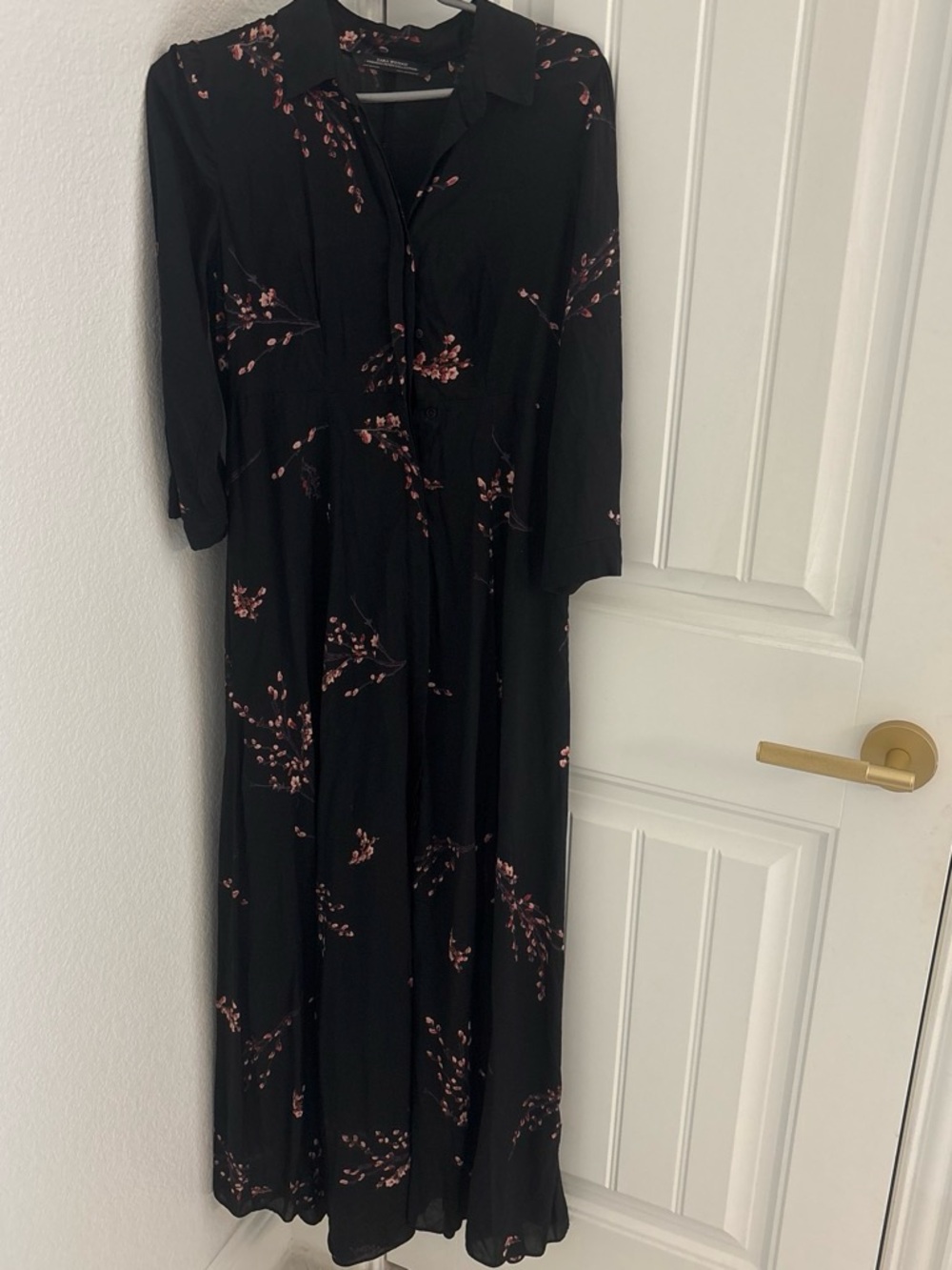 Zara Black Maxi Shirt Dress with Pink Floral Sprigs